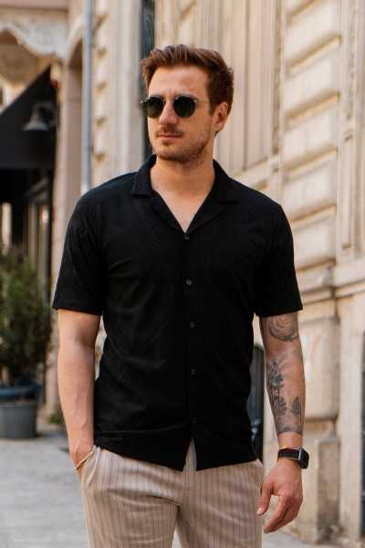 Valiberta Black Male Jacquard Patterned Short Sleeve Relaxed Shirt G10017