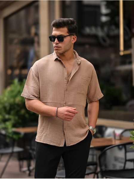 Oversize Ink Fabric Single Pocket Shirt- Beige G10058