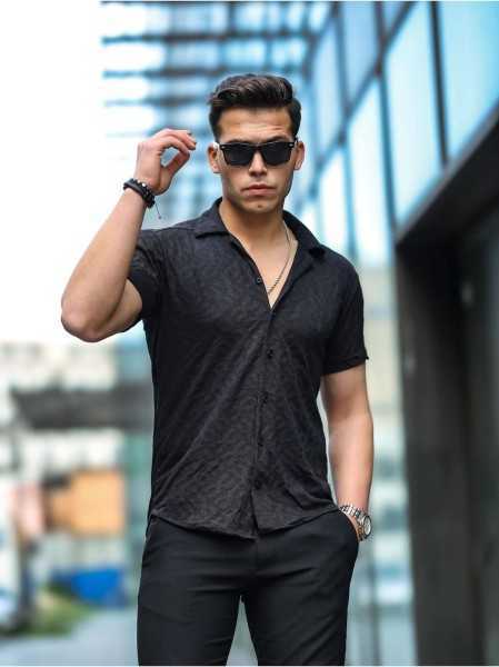 Valiberta Jacquard Bar Patterned Fit Shirt - Black G10055