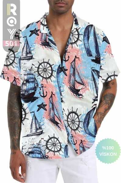 ROY501 Mens Short Sleeve Shirt Patterned Short Sleeve Shirt Summer Shirt Mens Oversize Shirt White Shirt ROY501PROODUNCU