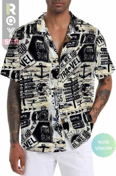 ROY501 Men Short Sleeve Shirt Patterned Short Sleeve Shirt Summer Shirt Mens Oversize Shirt White Shirt ROY501S2OODUNCU