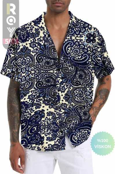 ROY501 Mens Short Sleeve Shirt Patterned Short Sleeve Shirt Summer Shirt Mens Oversize Shirt Navy Shirts ROY501AmazonSerisi