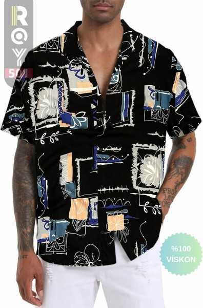 ROY501 Men Short Sleeve Shirt Patterned Short Sleeve Shirt Summer Shirt Mens Oversize Shirt Black Shirt roy501gml2023