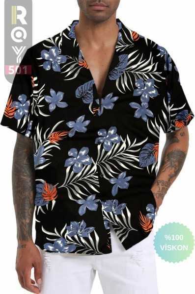 ROY501 Mens Short Sleeve Shirt Patterned Short Sleeve Shirt Summer Shirt Mens Oversize Shirt Black Shirt roy501gömlekdsn