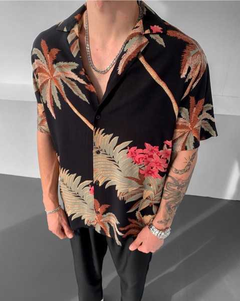 NO1 KONSEPT Black Palm Tree Patterned Short Sleeve Shirt GML-5851