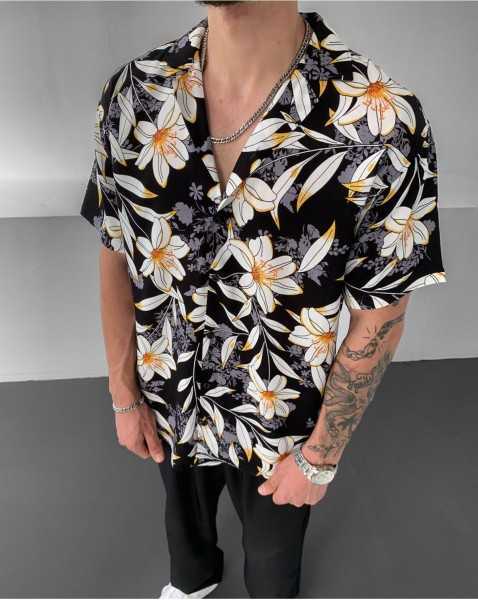 NO1 KONSEPT White Floral Patterned Black Short Sleeve Shirt GML-5850