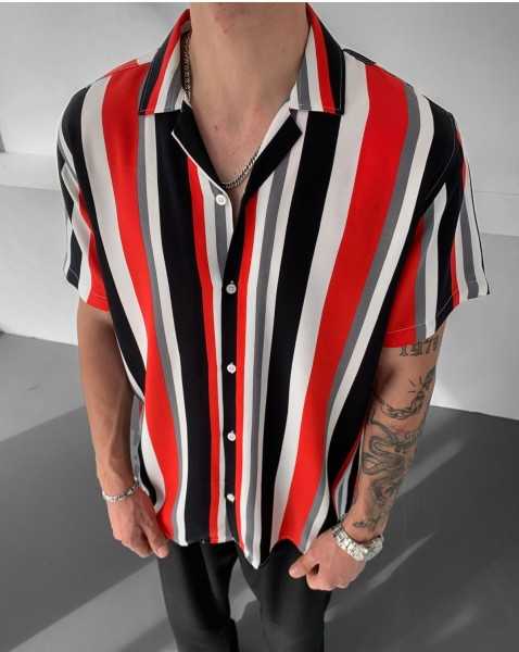 NO1 KONSEPT Red Black Stripe Short Sleeve Shirt GML-5846