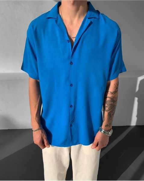 NO1 KONSEPT Blue Viscose Fabric Basic Short Sleeve Shirt GML-5853