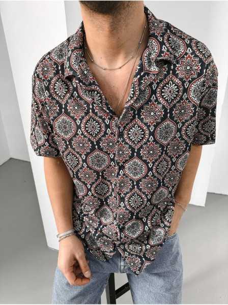 King Brothers Mens Short Sleeve Patterned Mono Collar Oversize Summer Shirt OH-101