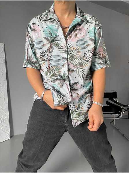 King Brothers Men Short Sleeve Patterned Palm Hawai Oversize Summer Shirt OH-101