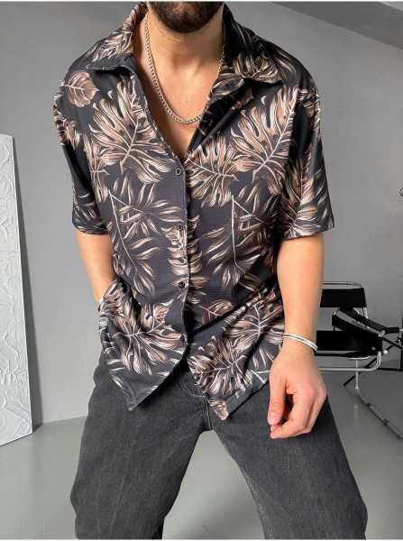 King Brothers Mens Short Sleeve Patterned Mono Collar Oversize Summer Shirt OH-101