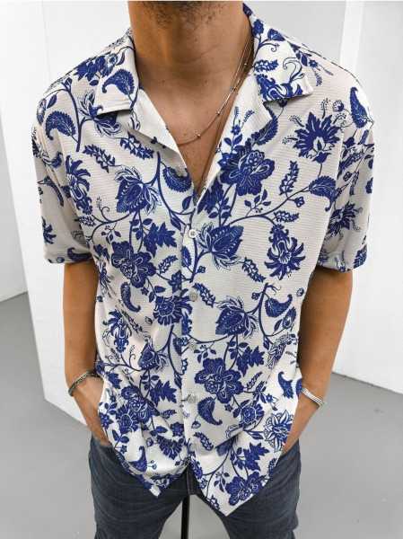 King Brothers Mens Short Sleeve Patterned Mono Collar Oversize Summer Shirt OH-101