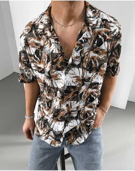 King Brothers Men's Short Sleeve Patterned Mono Collar Oversize Summer Shirt OH-101