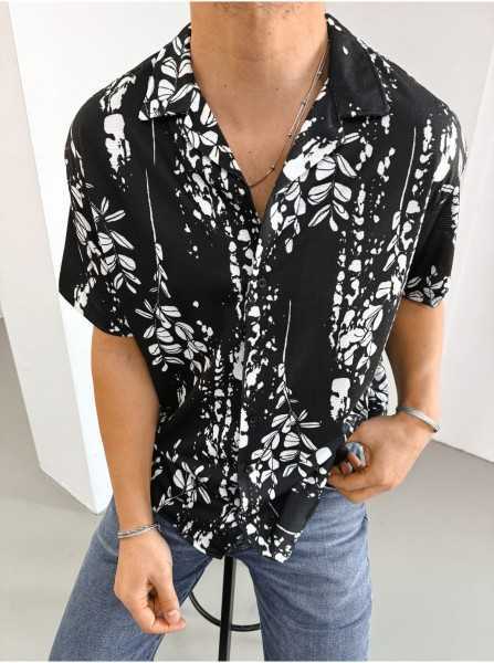 King Brothers Mens Short Sleeve Patterned Mono Collar Oversize Summer Shirt OH-101