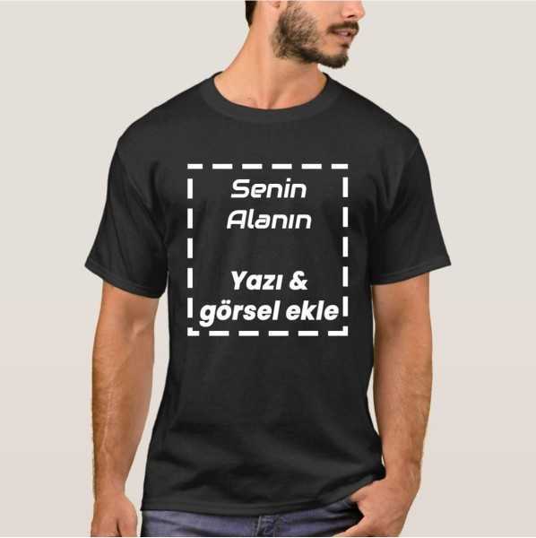 Ön kısmına kendi tasarımınız basılabilen, yüksek kaliteli, rahat siyah tişört