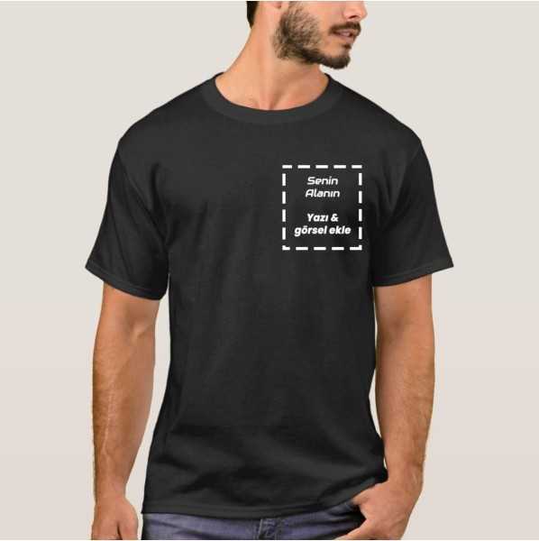 A high-quality, comfortable black T-shirt that can be printed with your own design on the front and side